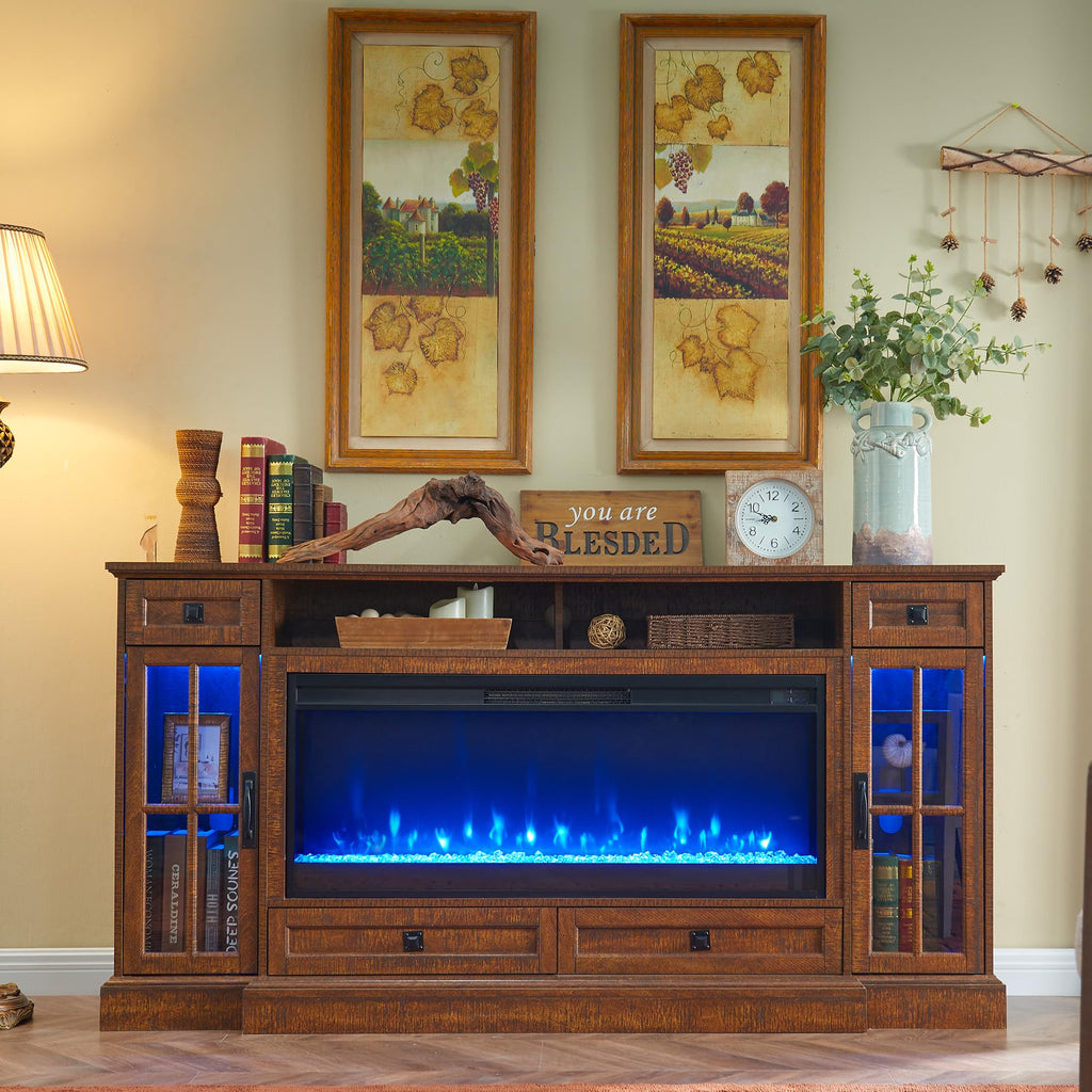 70" Farmhouse Fireplace TV Stand for 80 Inch TV, Reclaimed Barnwood