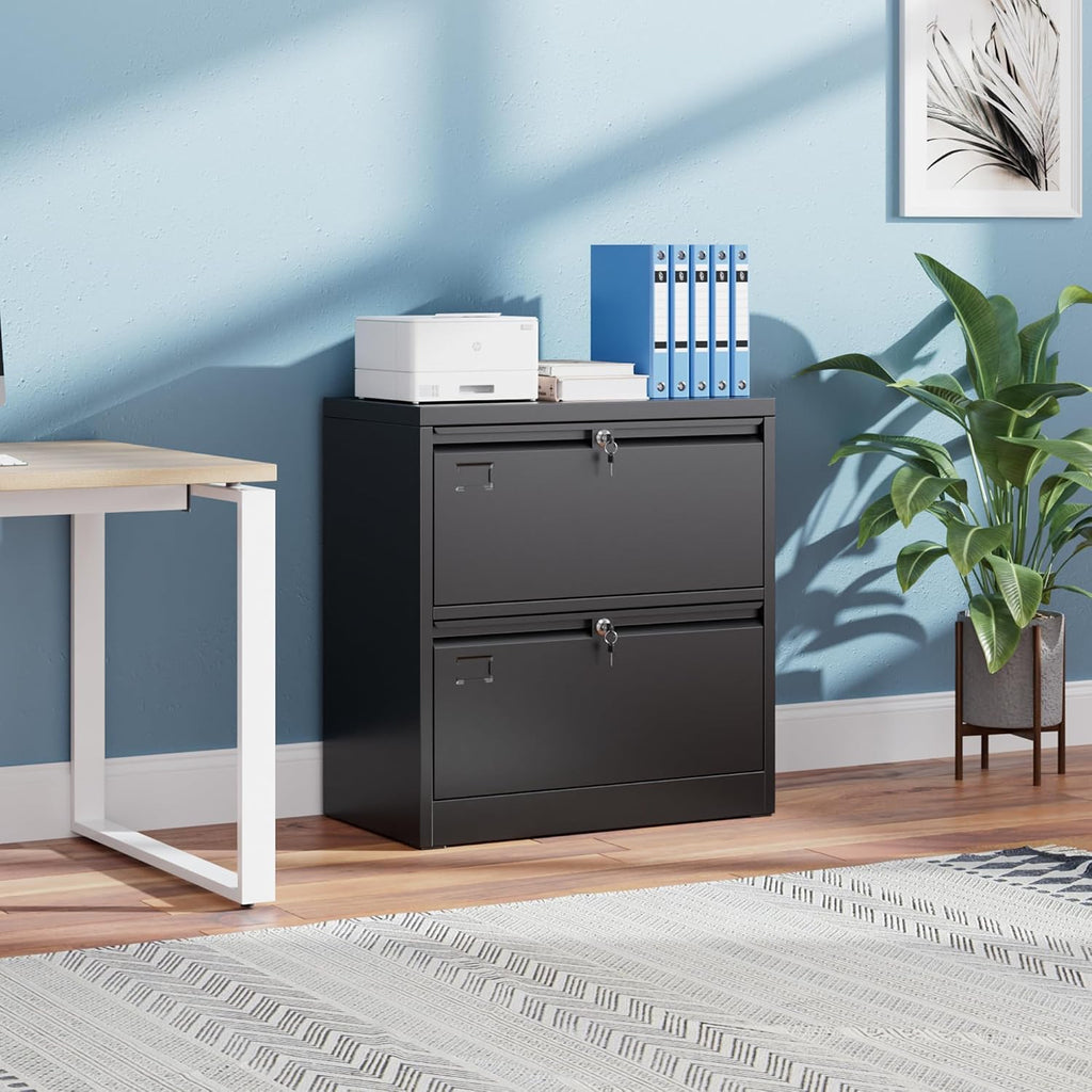 2 Drawer Lateral File Cabinet with Lock, Assembly Required | Black metal cabinet for letter/legal/A4 files, home