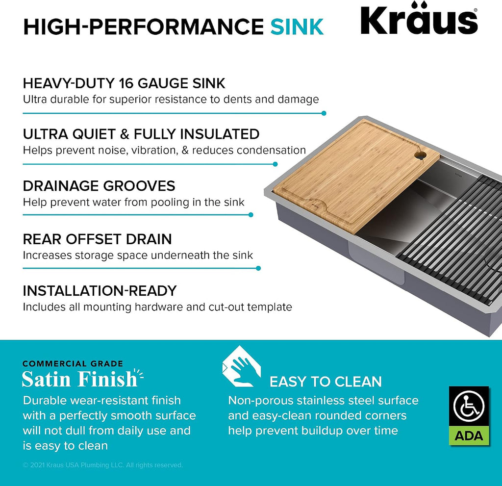Kore ADA Workstation 32-inch Undermount 16 Gauge Stainless Steel Kitchen Sink, Single Bowl Kitchen Sink with