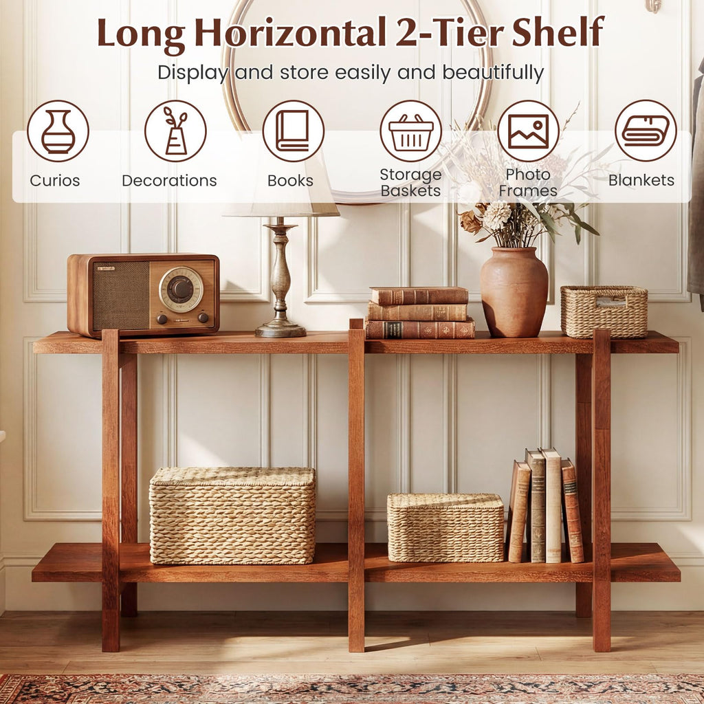 2-Tier Wood Bookshelf, 48" Modern Console Table with Wide Storage Shelf, Horizontal Rubber Wood Bookcase, Open