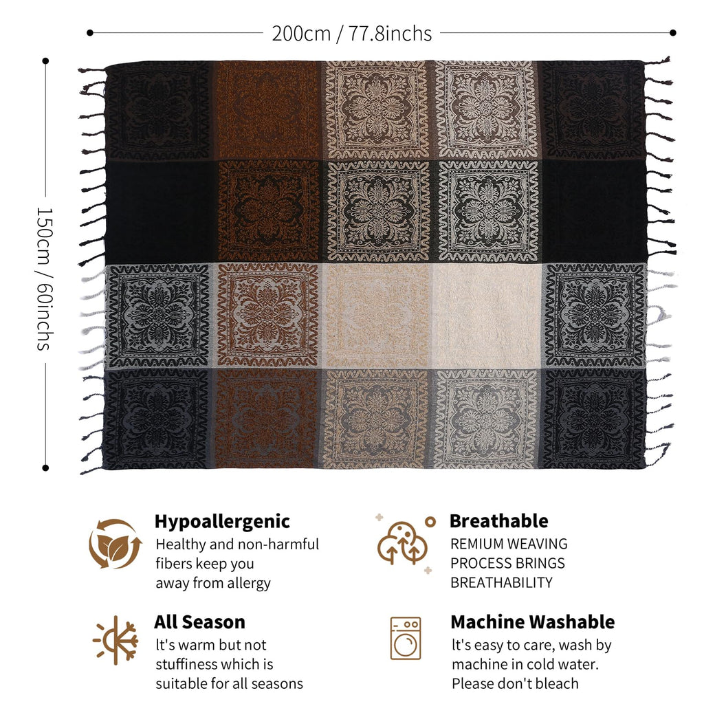 Boho Throw Blanket, Chenille Jacquard Tassels Throw Blankets for Bed Couch Soft Chair, Bohemian Fringe Tassels