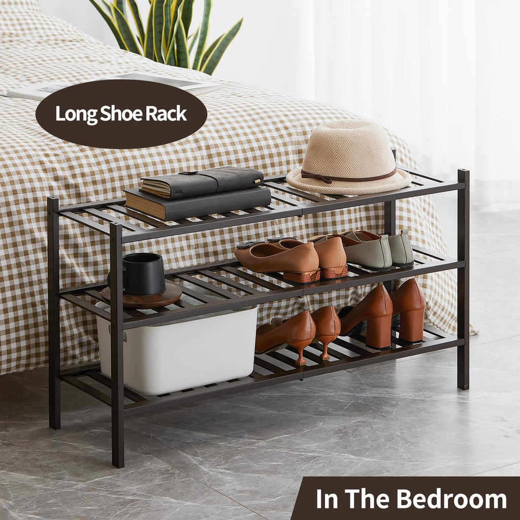 Long Shoe Rack, Bamboo Stackable Shoe Shelf Storage Organizer, Shoe Stand for Closet, Entryway and Hallway (Brown