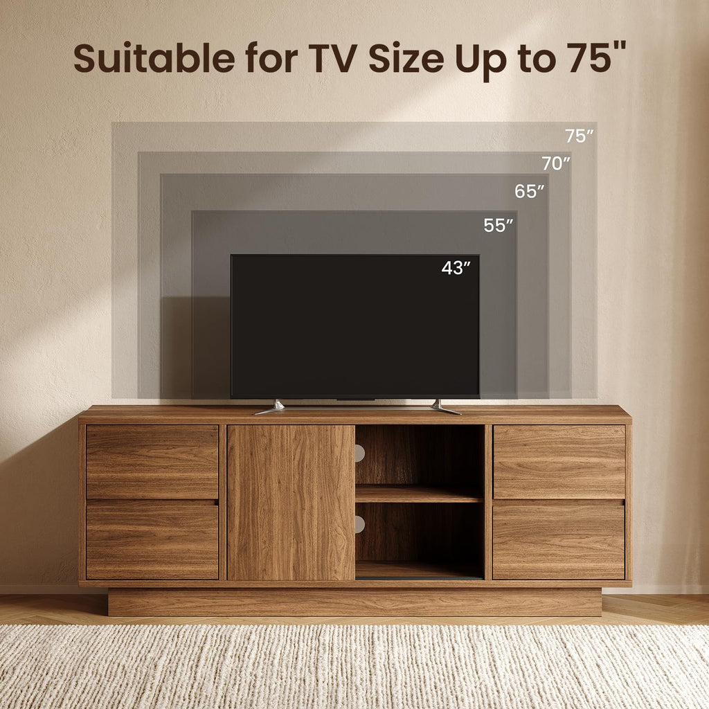 70'' TV Stand for TVs Up to 75'', Wood Entertainment Center with Sliding Doors and Drawers, Television Console