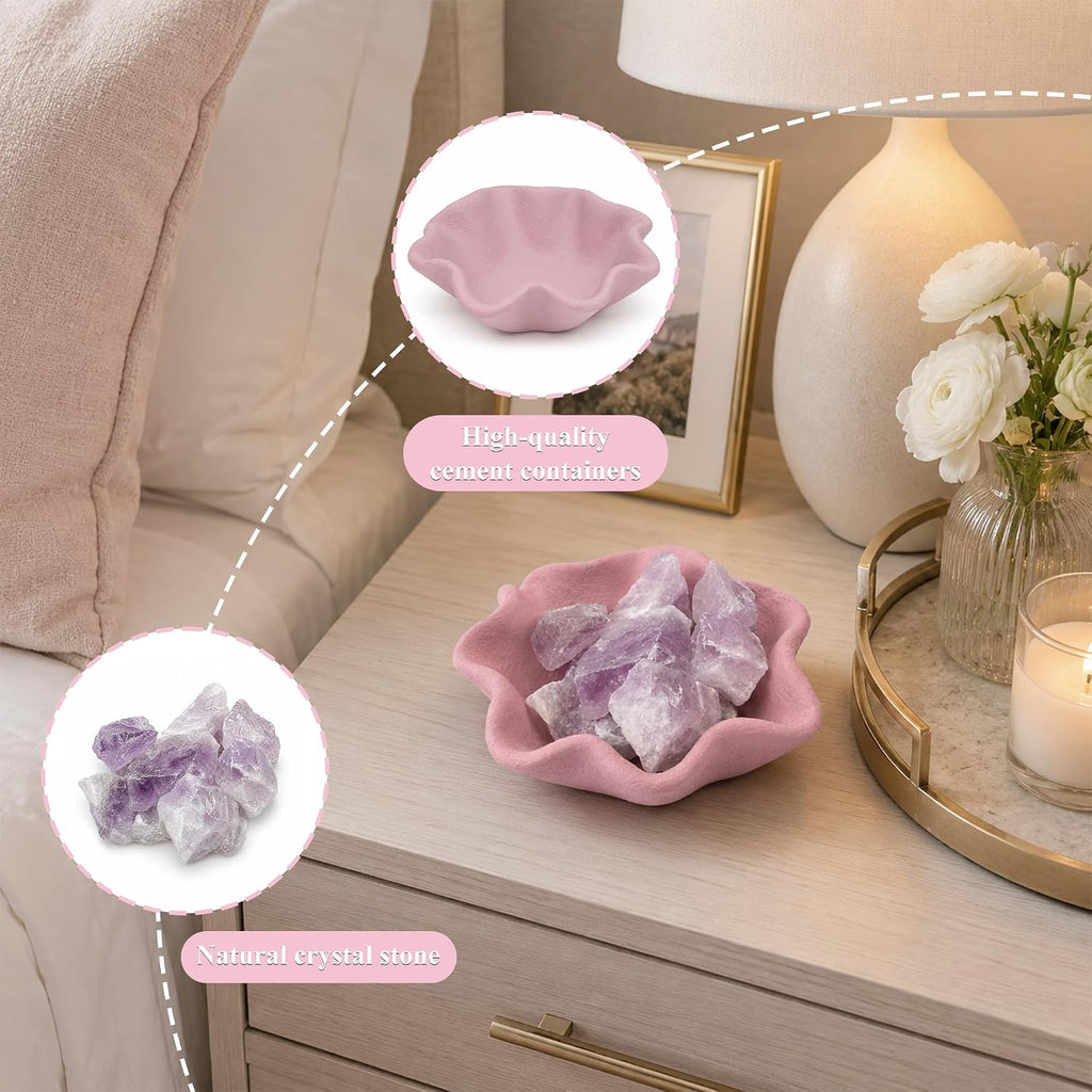 Blush Petal Cement Candle Vessel with 7 Crystal Stones - Handmade Petal-Shaped Matte Cement Bowl in Blush Pink