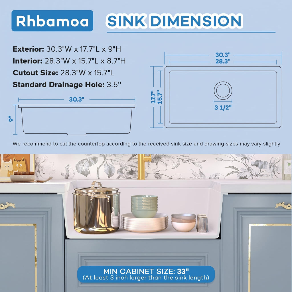 30 Inch White Undermount Kitchen Sink, White Granite Sink 30''x18''