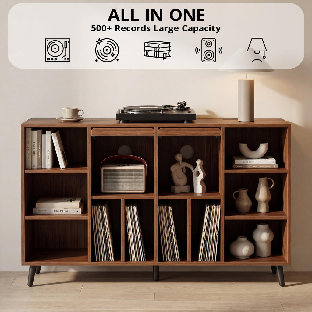 Record Player Stand with Charging Station 55" Holds 450+ Albums