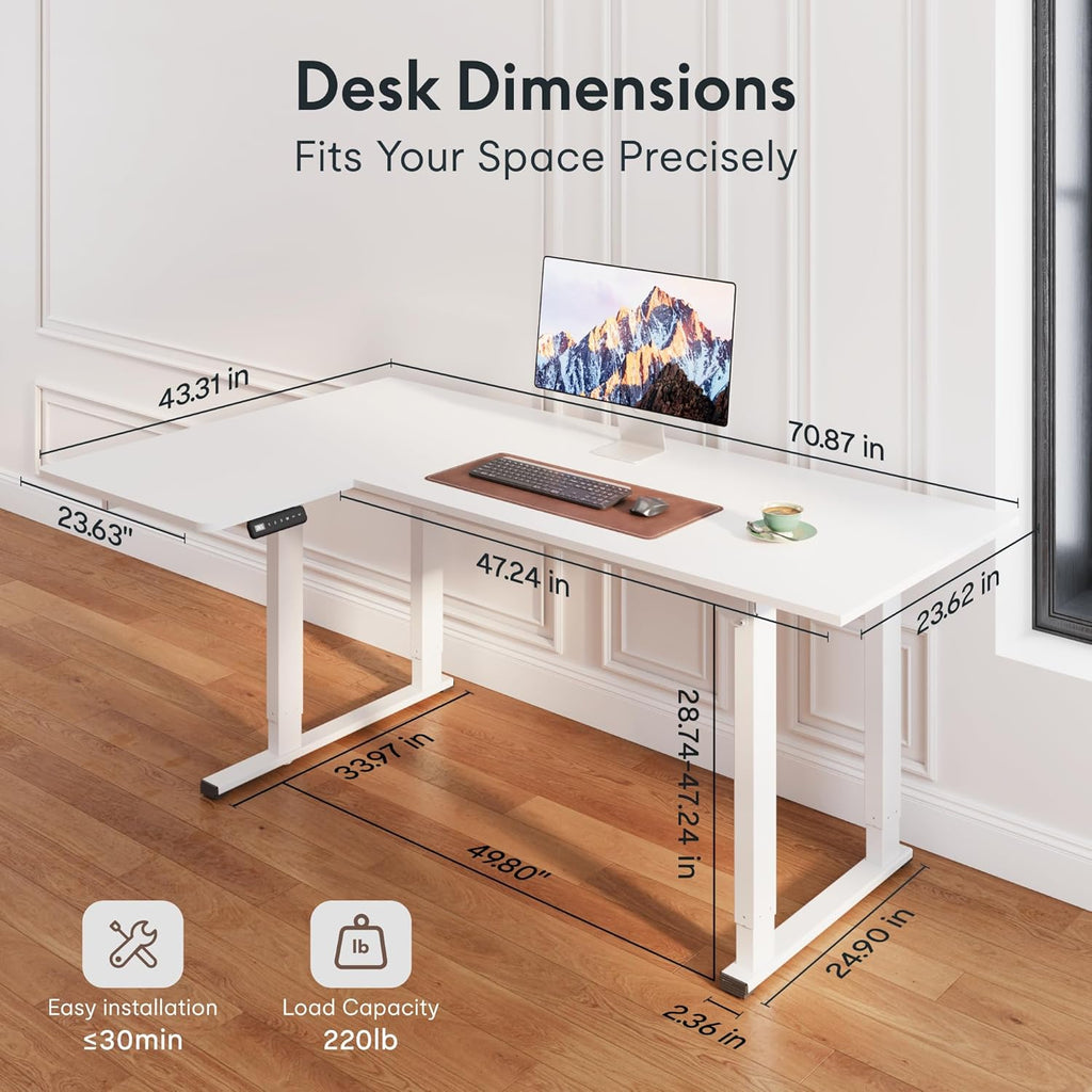 4-Leg L-Shaped Standing Desk, 71 x 43 Inches, White | Electric Height Adjustable, 220lb Load Capacity, Reversible L/R