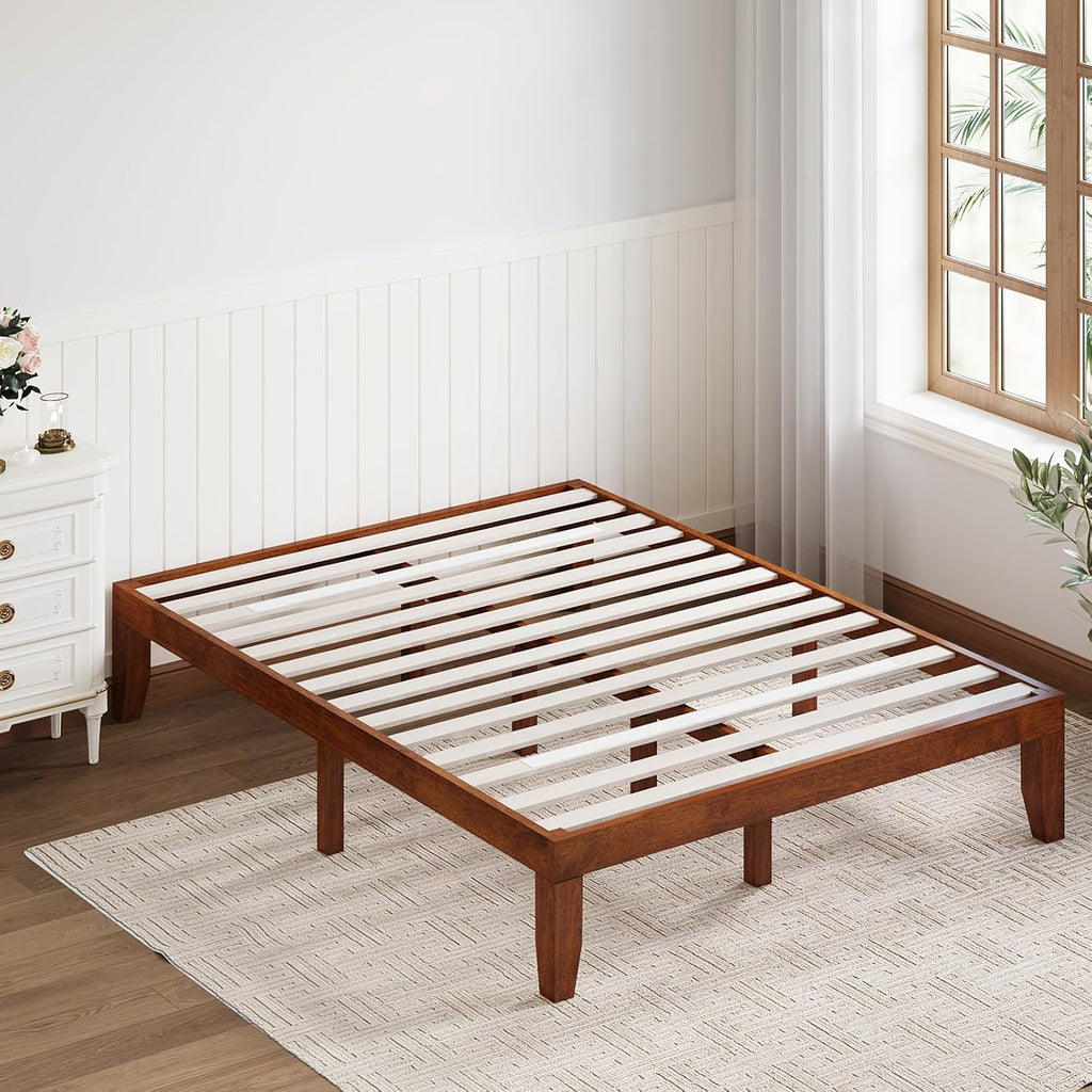 14 Inch Queen Wood Platform Bed Frame, Minimalist Style Mattress Foundation with Solid Rubber Wood, Heavy Duty Slat