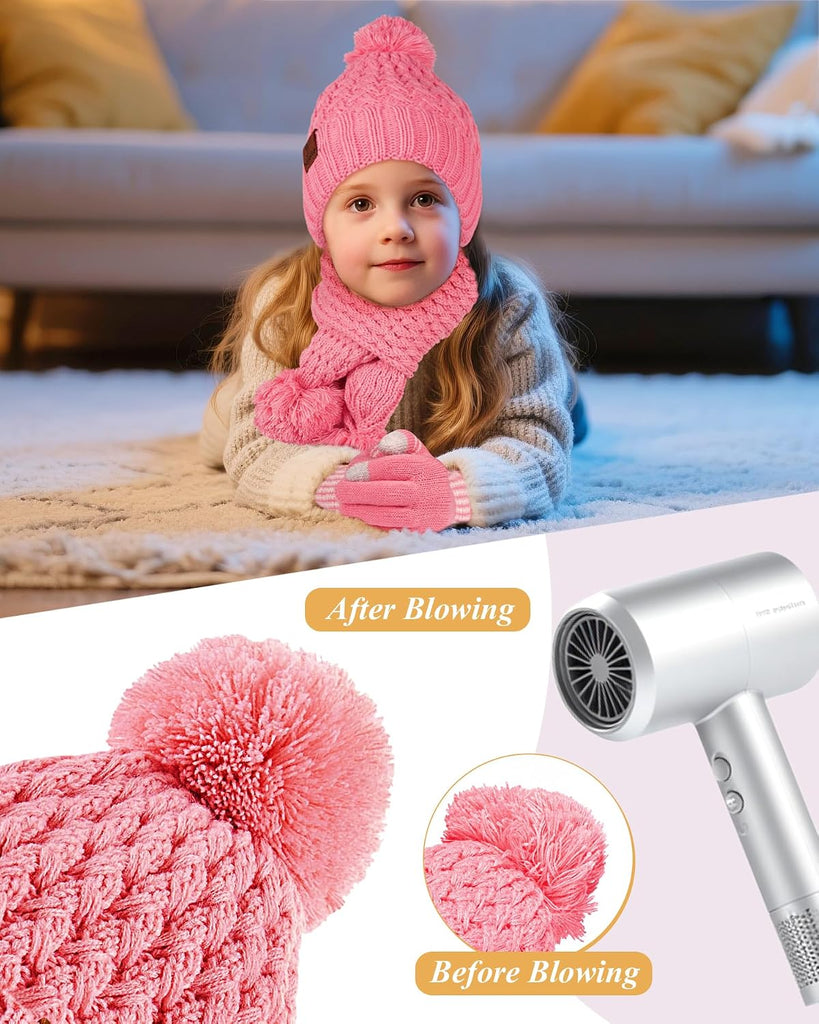 Kids Winter Hat Gloves Scarf Set, Girls Boys Toddler Winter Hat Beanie Pom Knitted Scarves Mittens Fleece Lined Age