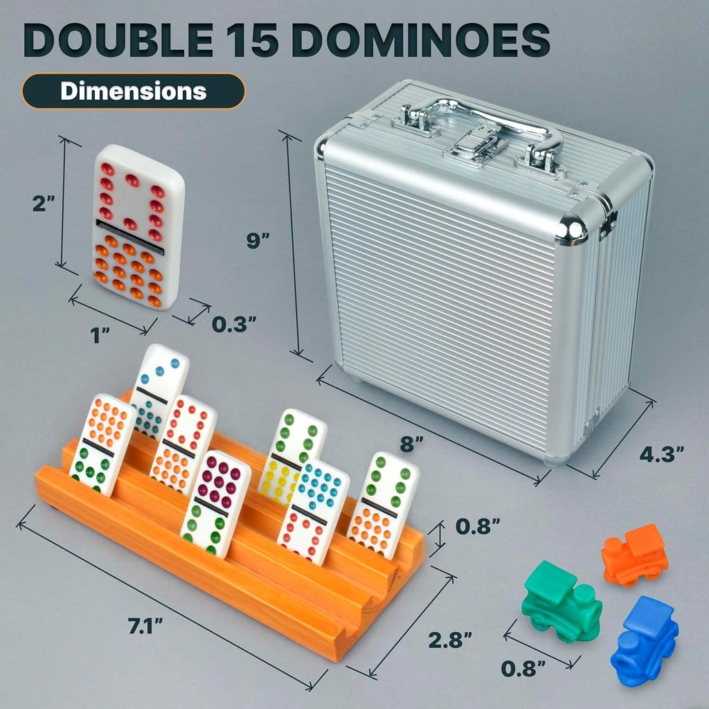 Mexican Train Dominoes Set Double 15 with 8 Holders - Wooden Hub and Tiles Holders - Double 15 with Dots (D15 + 8