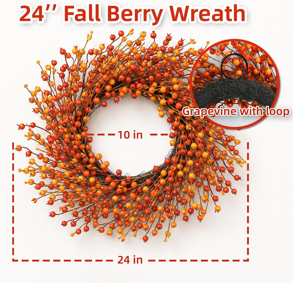 24" Berry Fall Wreath for Front Door, Orange/Yellow Autumn Harvest Wreath