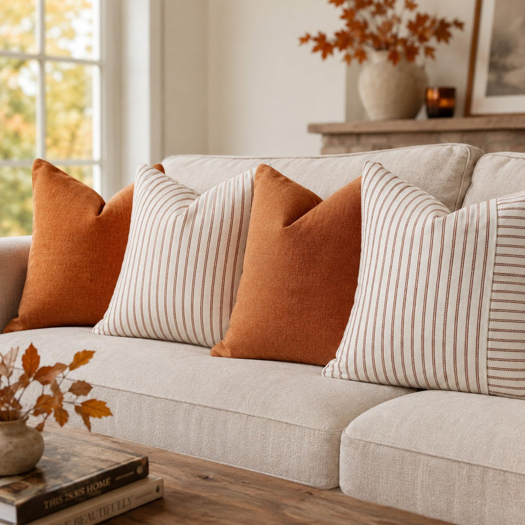 Farmhouse Fall Pillow Covers 26x26, Modern Accent Square Throw Pillow Covers Set of 2, Rust and Beige Striped