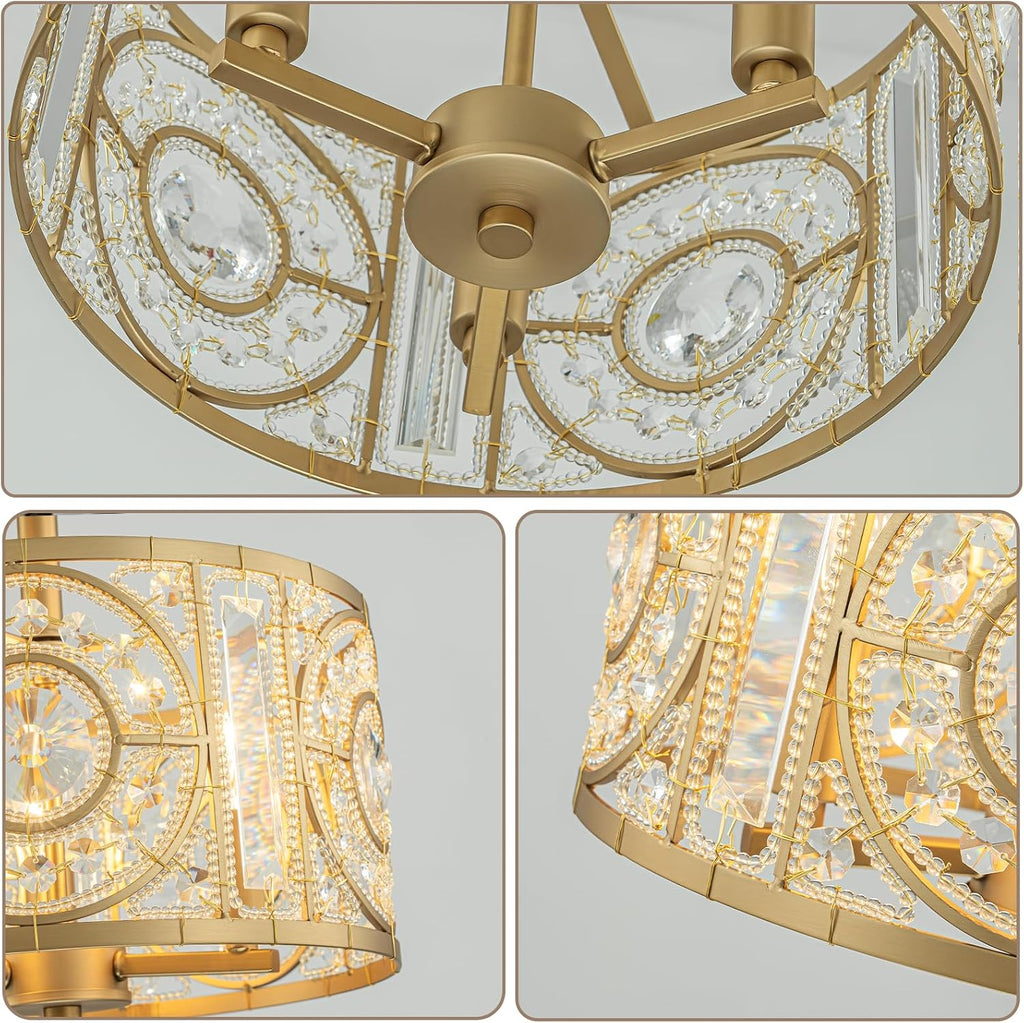 Semi Flush Mount Chandelier for Dining Room, 3-Lights Vintage Crystal Round Chandelier, Gold Retro Semi-Flush Mount