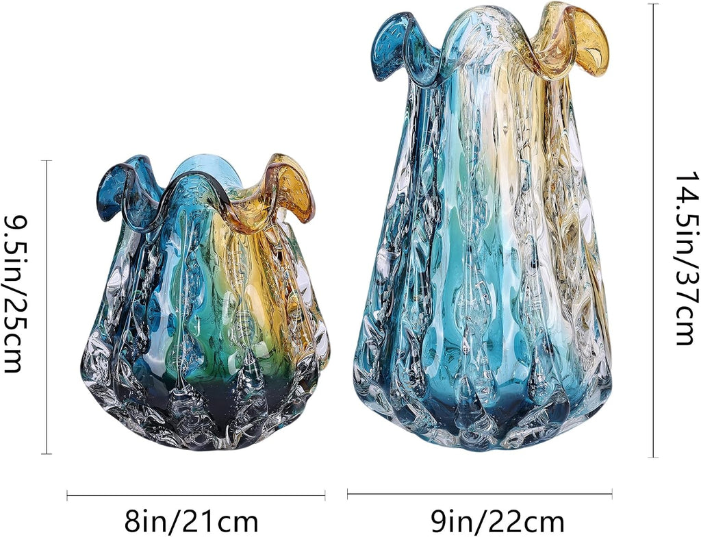 Hand Blown Glass Vase - Multi-Size Colorful Gradient Flower Vase for Centerpieces, Art Glass Home Decor & Living Room