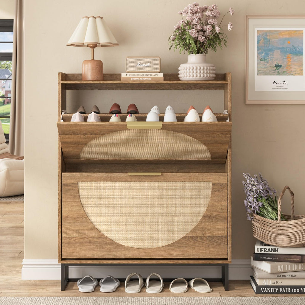 Rattan Shoe Storage Cabinet with 2 Flip Drawers, Freestanding Shoe Organizer with Metal Legs, Hidden Golden Handles