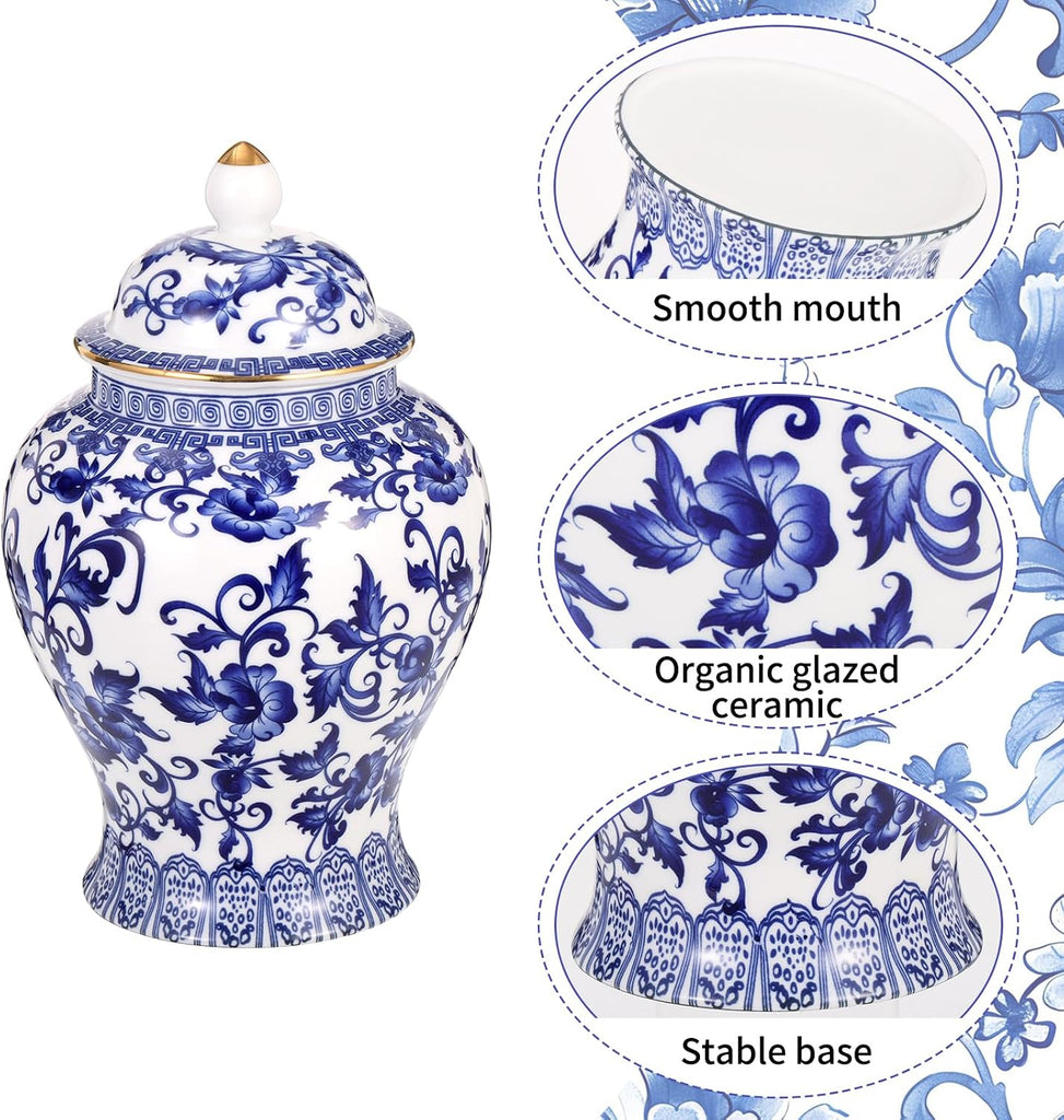 Chinoiserie Ginger Jar with Gilt Edges,7.87 Inch Ceramic Blue and White Ginger Jar with Lid,Porcelain Ginger Jars