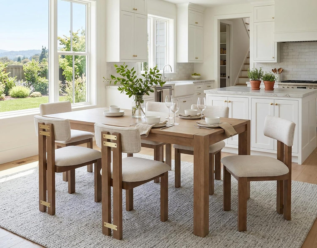 Linen Wooden Dining Chairs Set of 4, Modern Farmhouse Dining Room Kitchen Chairs with Curved Backrest Natural Wood