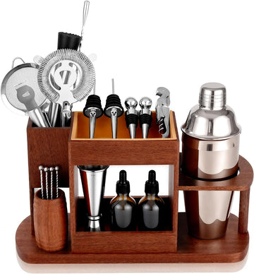 Cocktail Making Dock, 23-Piece Cocktail Shaker Set with Versatile Wooden Stand, Easy Access Stainless Steel Bartender - Set of 23