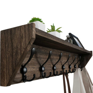 Coat Rack Wall Mount with Shelf, 35" Long Wall Shelf with Hooks Underneath, 7 Triple Hooks, Weathered Brown