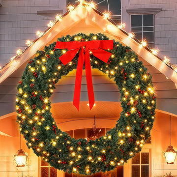 60 Inch Large Prelit Christmas Wreath with 300 Warm White String Lights 8 Lighting Modes Artificial Outdoor Xmas