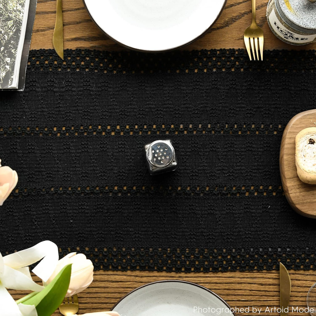 Black Woven Farmhouse Hollow Table Runner 12x120 Inch