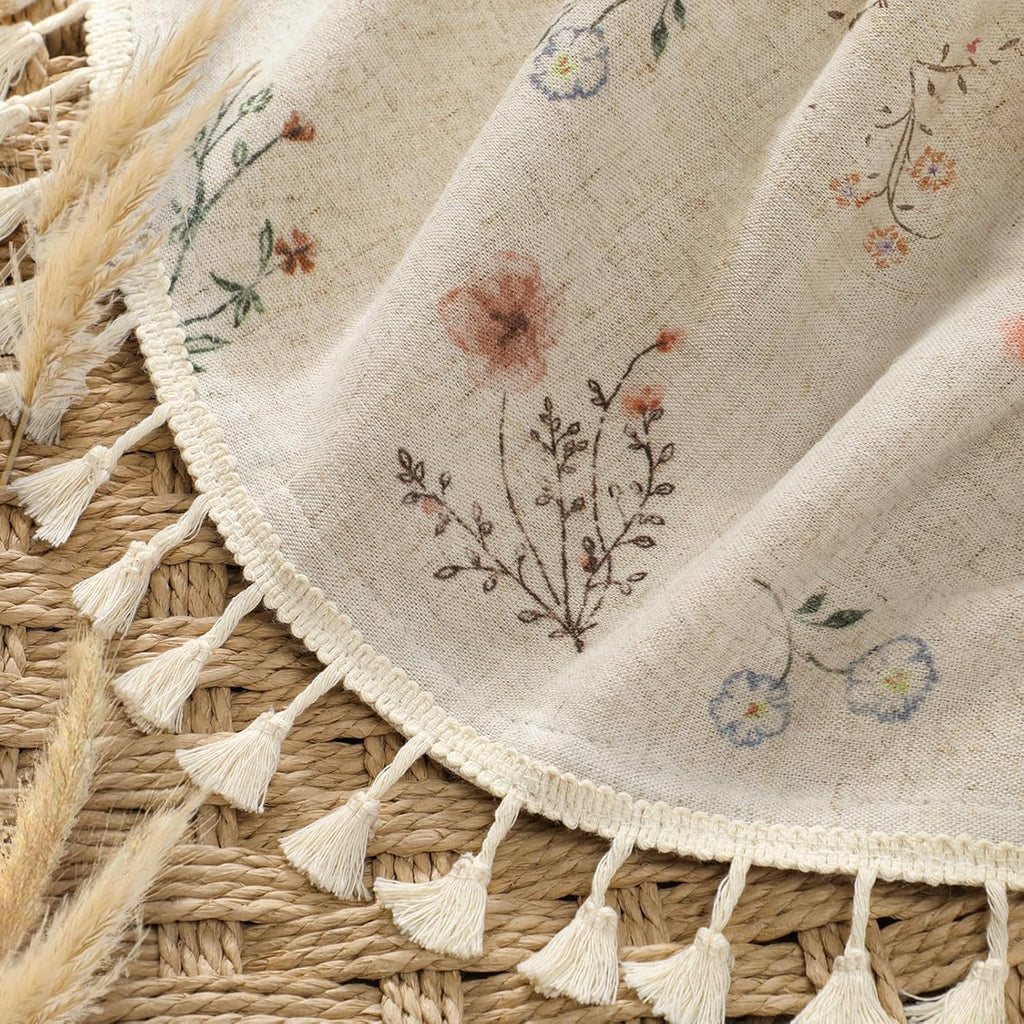 Boho Floral Spring Semi Sheer Curtains 84 Inch Length 2 Panels Set, Linen Texture Farmhouse Light Filtering Curtains