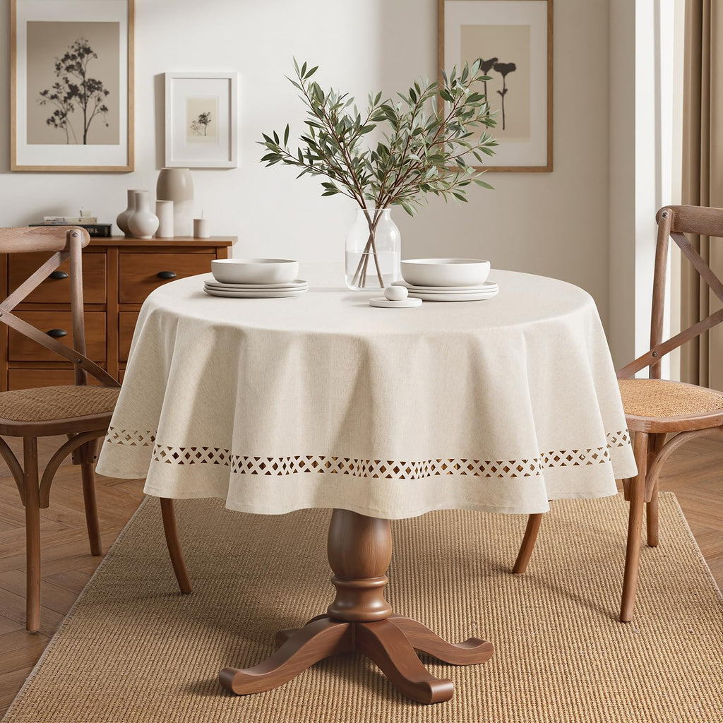 Beige 60 Inch Round Linen Tablecloth with Decorative Cutouts