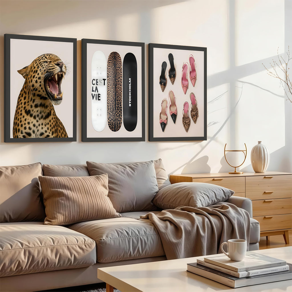 Stockholm Style 3-Piece Framed Wall Art Set - Leopard Print & Preppy Fashion Art with Heels, Skateboards & Roaring