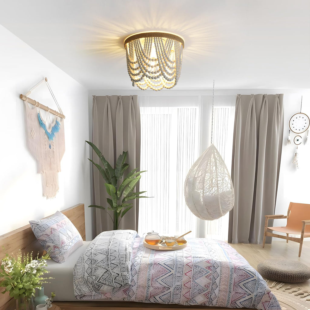 Bohemian Wood Beaded Ceiling Lamp 3-Light, White Beads