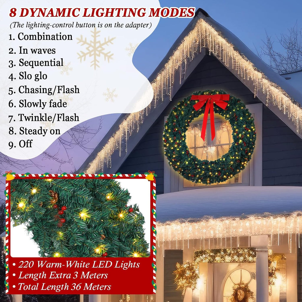 60 Inch Large Prelit Christmas Wreath with 300 Warm White String Lights 8 Lighting Modes Artificial Outdoor Xmas