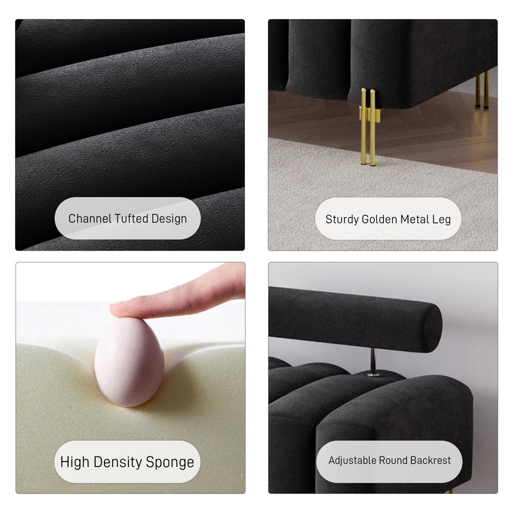 52" Velvet Bench Bedroom Ottoman Bench with Adjustable Back, Black