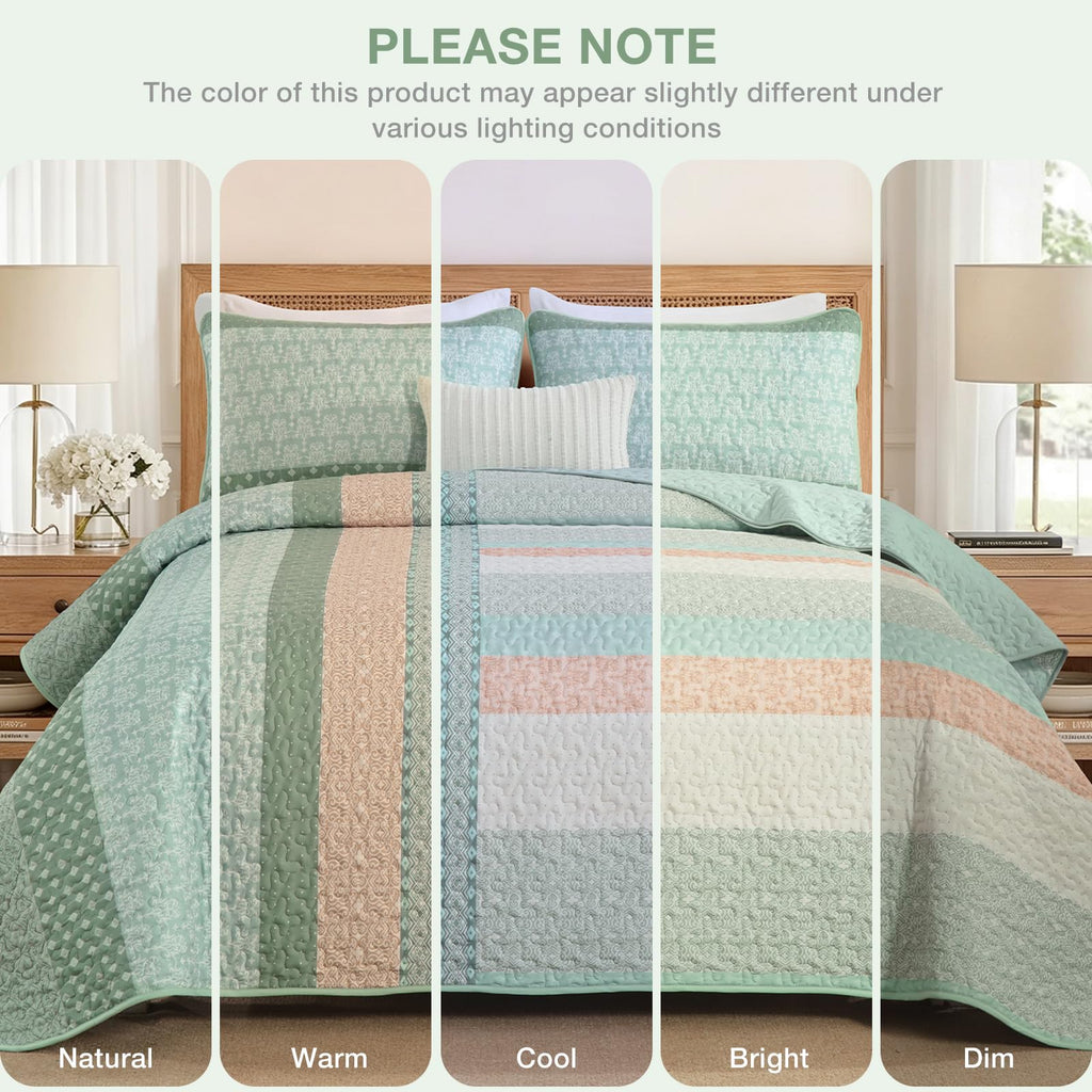 Quilt Set, Boho Stripe Bedspread, Vintage Green