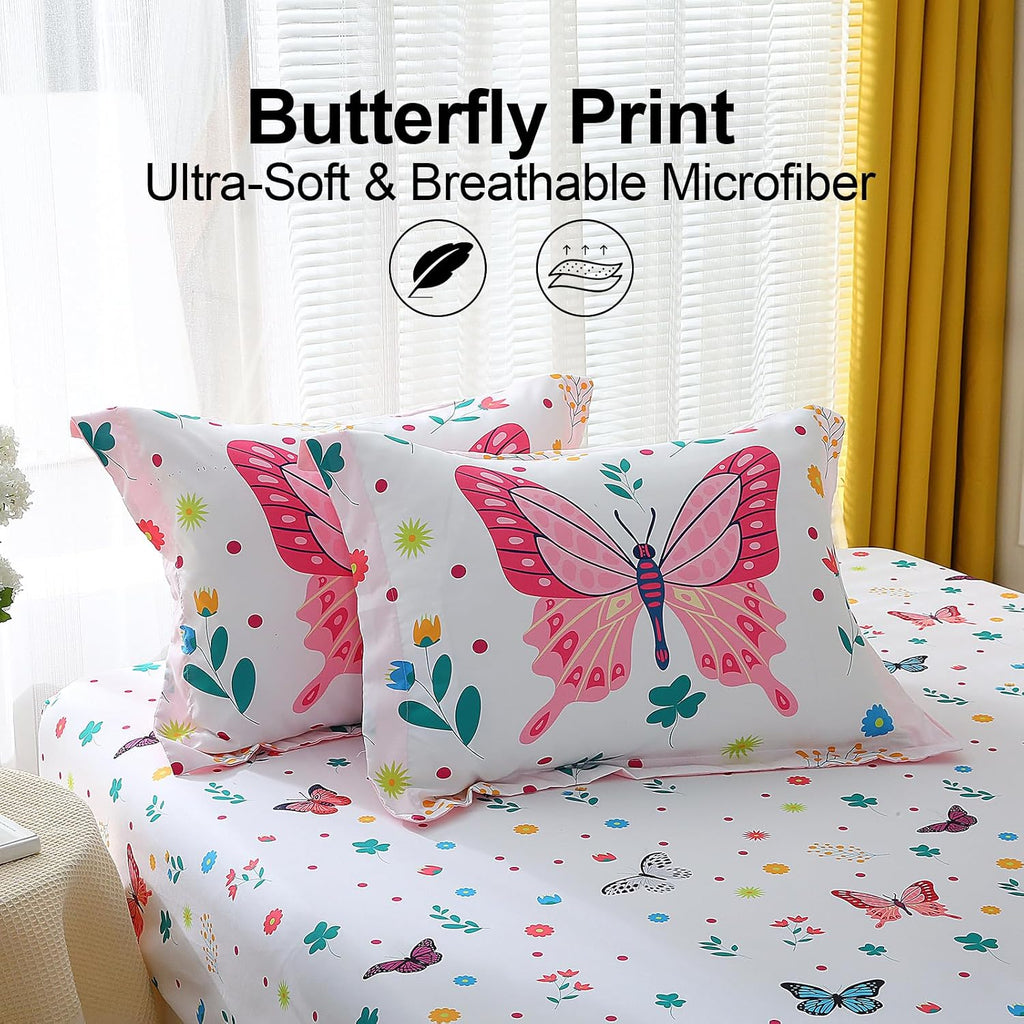 Girls Butterfly Comforter Set Full 7 Piece Bed in A Bag Colorful Flowers Leaves Bedding Set for Kids Teens Super Soft