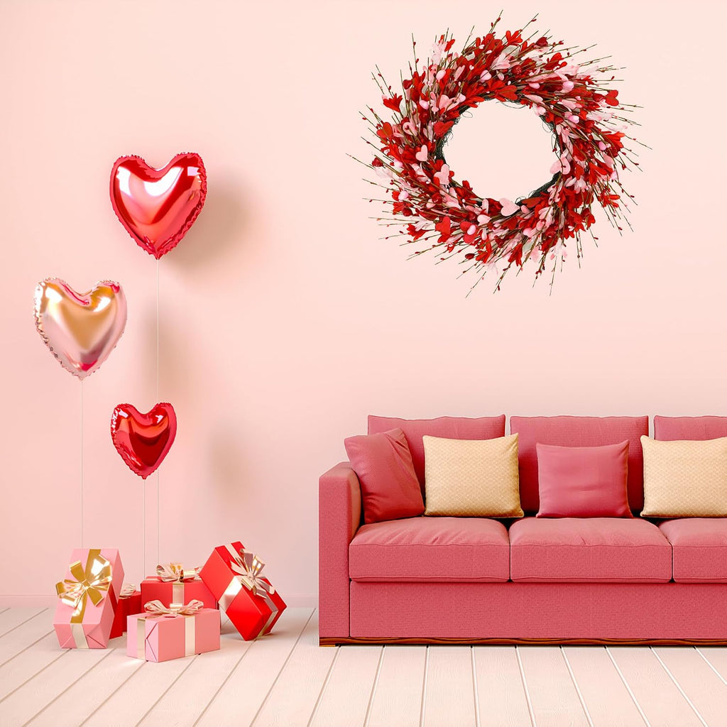 Valentine's Day Wreath for Front Door Valentine Wreath with forsythia Flowers,Pink and red Hearts Outdoor Wedding