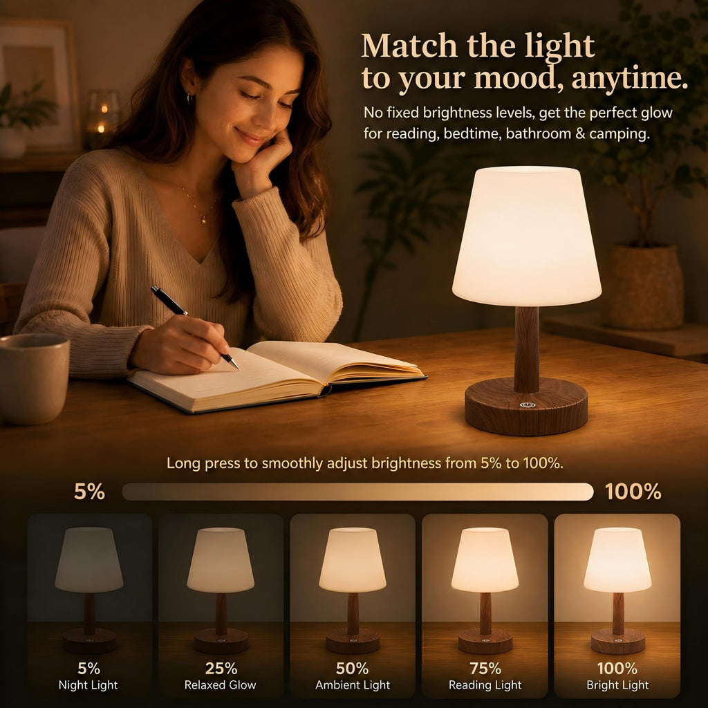 Shower Lamp IP54 Waterproof, Cordless Table Lamp, Dark Wood 2 Pack