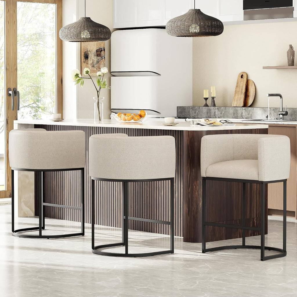 26" H Counter Height Bar Stools Set of 2, Modern Barrel Counter Stools with Backrest and Arms, Linen Fabric