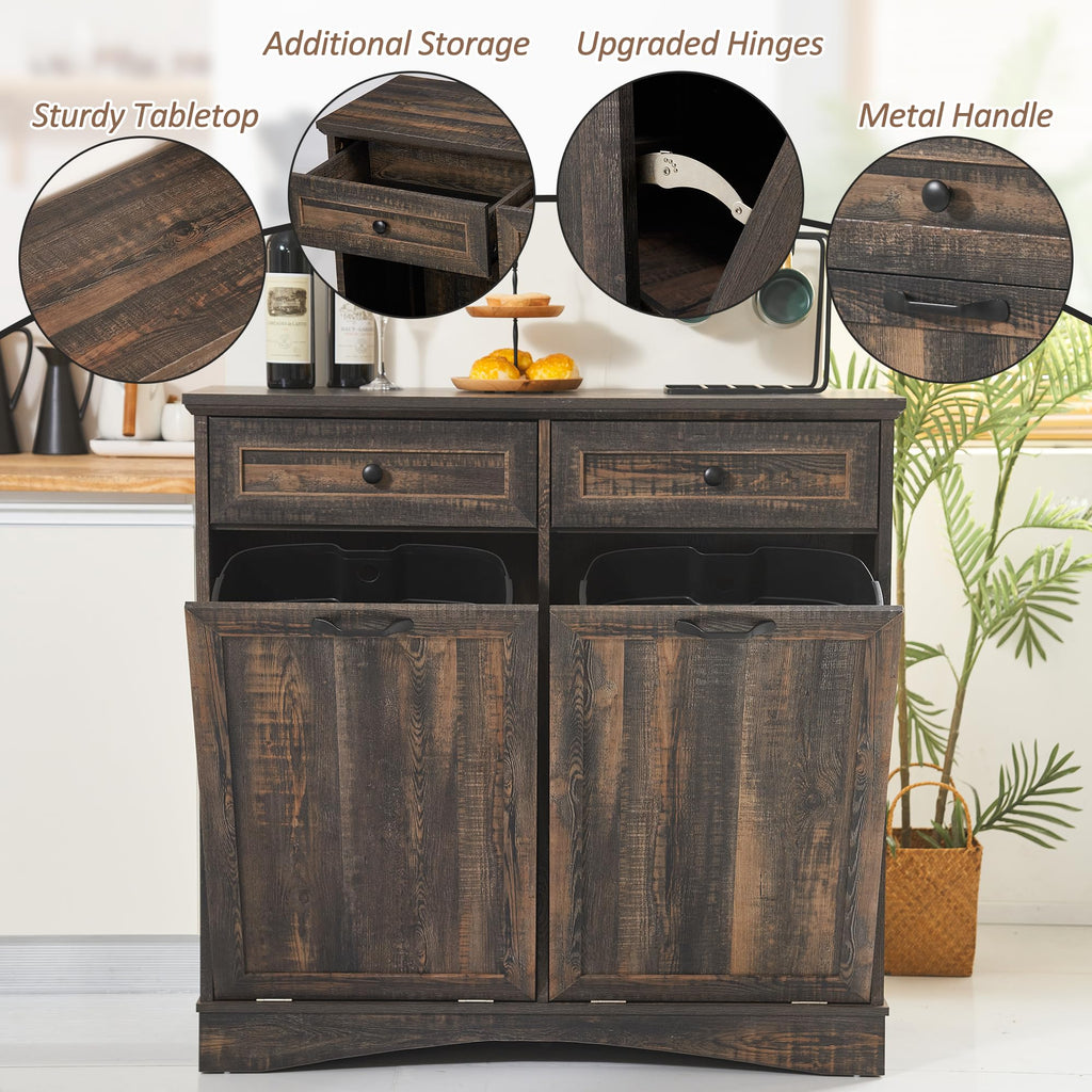 Double Tilt Out 2x13 Gallons Trash Can Cabinet, Rustic Brown