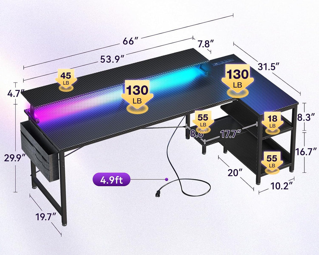 66 Inch L Shaped Gaming Desk with LED Lights, Power Outlets, Black | Adjustable Monitor Stand, Open Storage Shelves