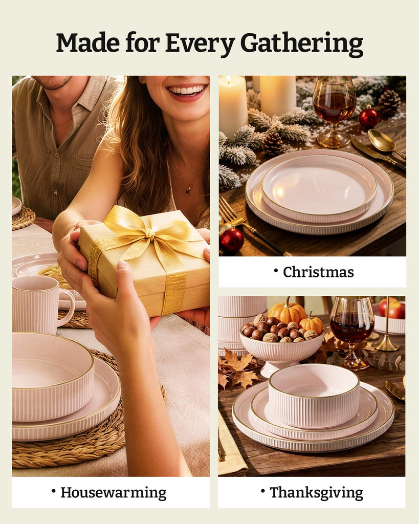 Plates and Bowls Set with Rim, Stoneware Dinnerware Sets for 4