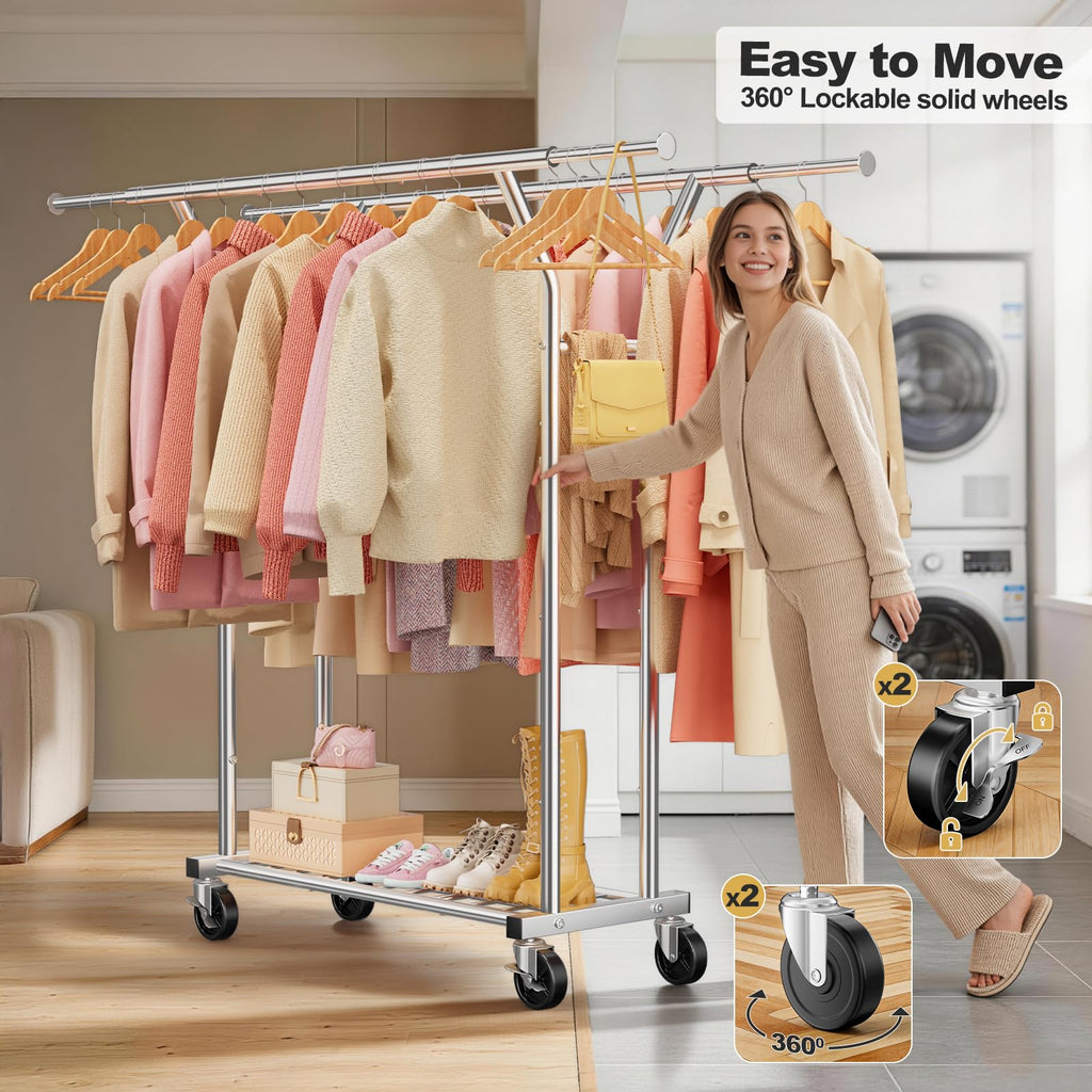 Heavy Duty Rolling Garment Rack, Double Rod Clothing Organizer, Silver