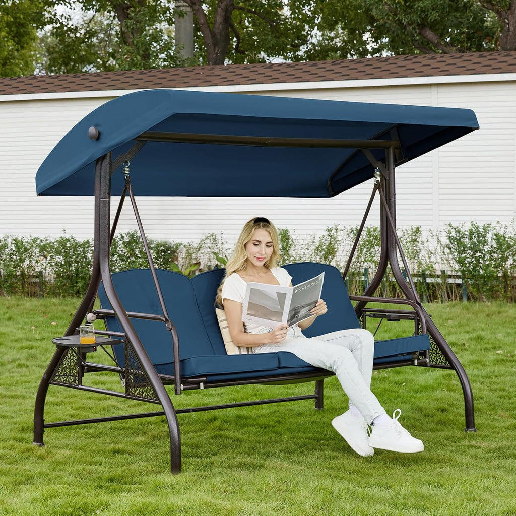 3 Seat Outdoor Patio Porch Swing with Stand and Adjustable Canopy | 3 in 1 Chair Swing Bed, 180° Recline, Heavy Duty