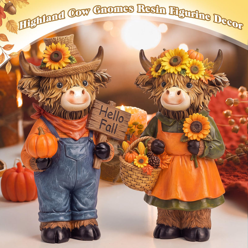 2 Pcs Fall Highland Cow Figurines Gifts, Resin Table Decor
