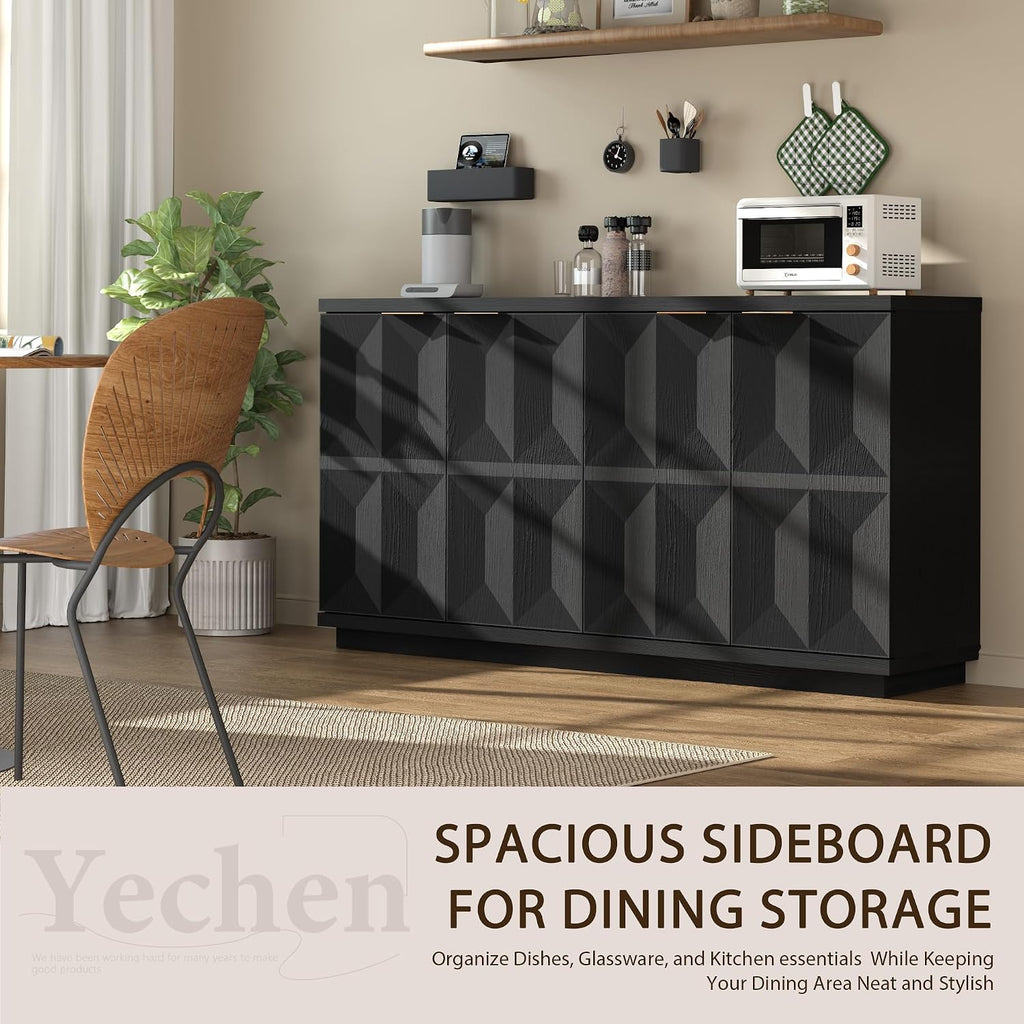 59" Black Sideboard Buffet Cabinet with Storage, Modern Credenza | 3D Geometric Pattern Doors, Adjustable Shelves