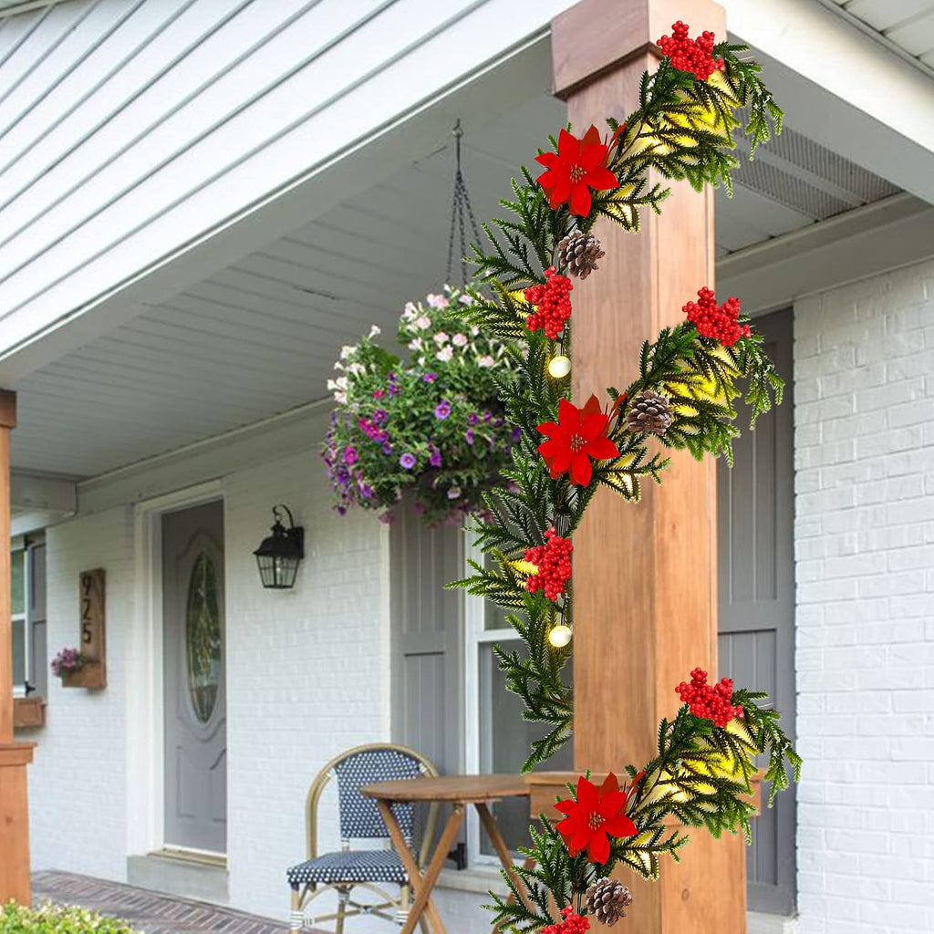 2 Pack Christmas Garland, 9' Pre-lit Artificial Xmas Flocked Garlands, Lighted Poinsettia Spruce Timer & Battery