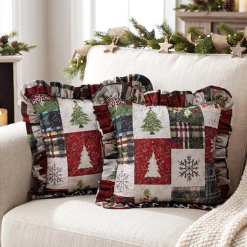 Christmas Tree Quilted Pillow Covers 18 x 18 Inch Farmhouse - Set of 2