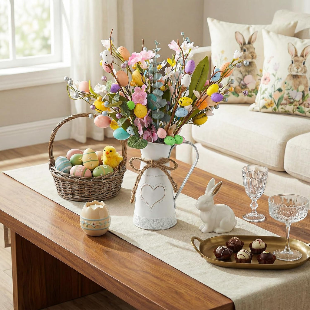 Easter Decorations: Rustic Easter Flowers Artificial Easter Eggs with Metal Pitcher Vase, Table Centerpieces Floral - Set of 17