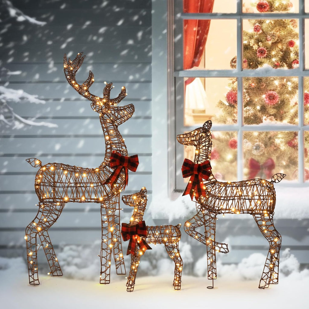 3 Pack 5ft Lighted Reindeer Set Christmas Decor Woven Rattan Style LED Lights Indoor Outdoor Porch Lawn Yard