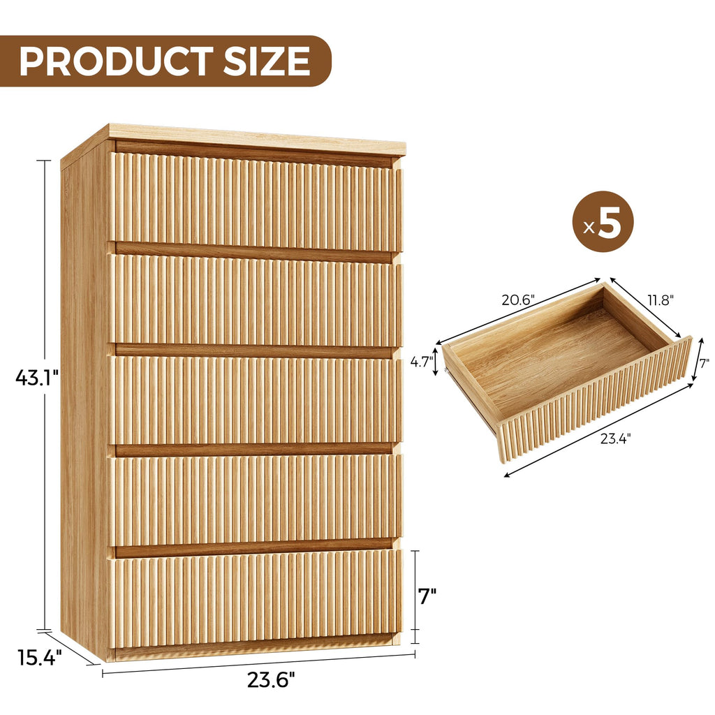 Fluted 5 Drawer Dresser, 43" Tall Dresser, Modern Fluted Chest of Drawers, Handle-Free/Floor-Mounted Wood Drawer