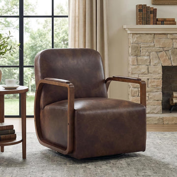 Faux Leather 360° Swivel Barrel Accent Chair, Upholstered Mid Century Modern Reading Lounge Chair with Wooden