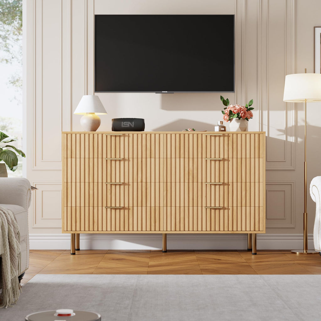 55" Fluted Natural 8 Drawer Dresser with Deep Drawer